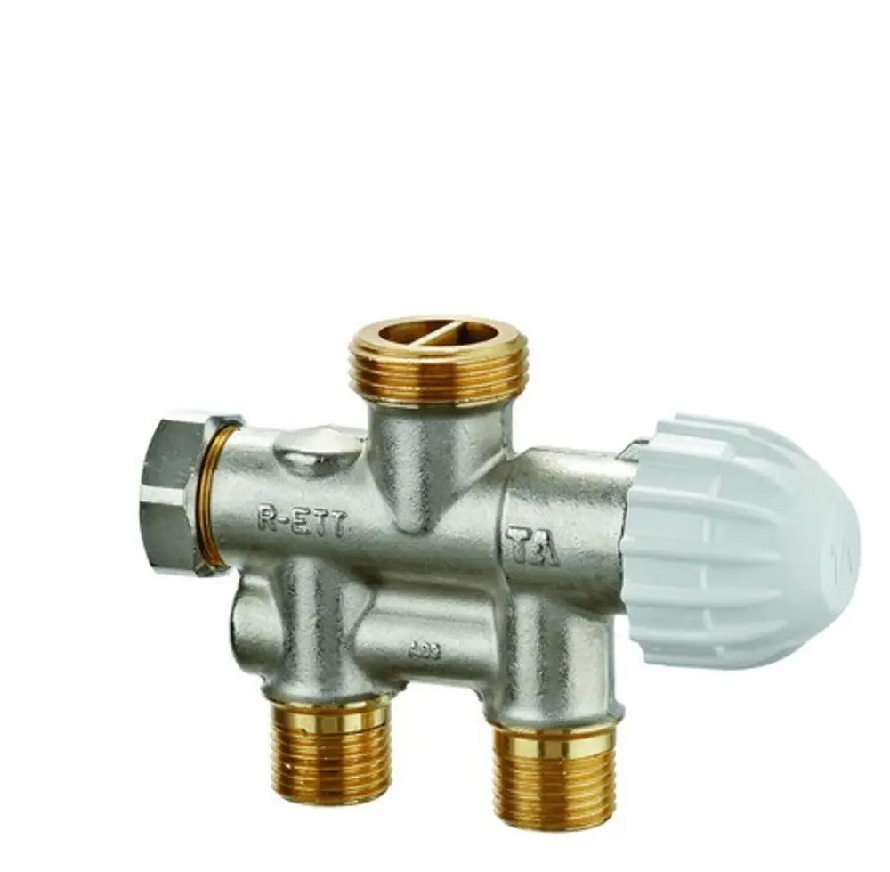 IMI Hydronic Engineering Heizungsventil aus Metall mit mehreren Anschlüssen. Mit einem regulierbaren Kopf und markierten Gewindeanschlüssen.